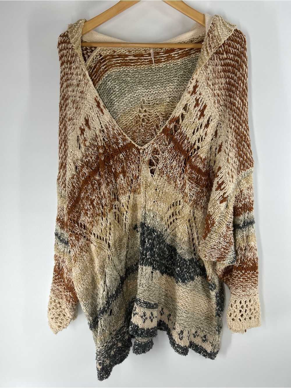 Free People Open Knit V-Neck Sweater - Rust, Cream & Black